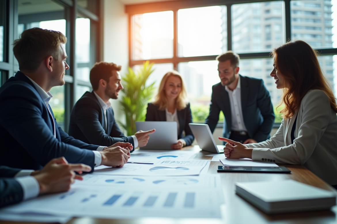 Groupe de professionnels en réunion dans un bureau moderne