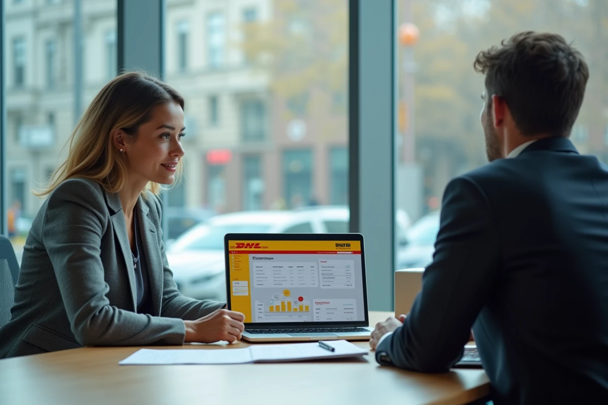 Deux professionnels discutant du service entreprise DHL autour d'une table de réunion en salle vitrée