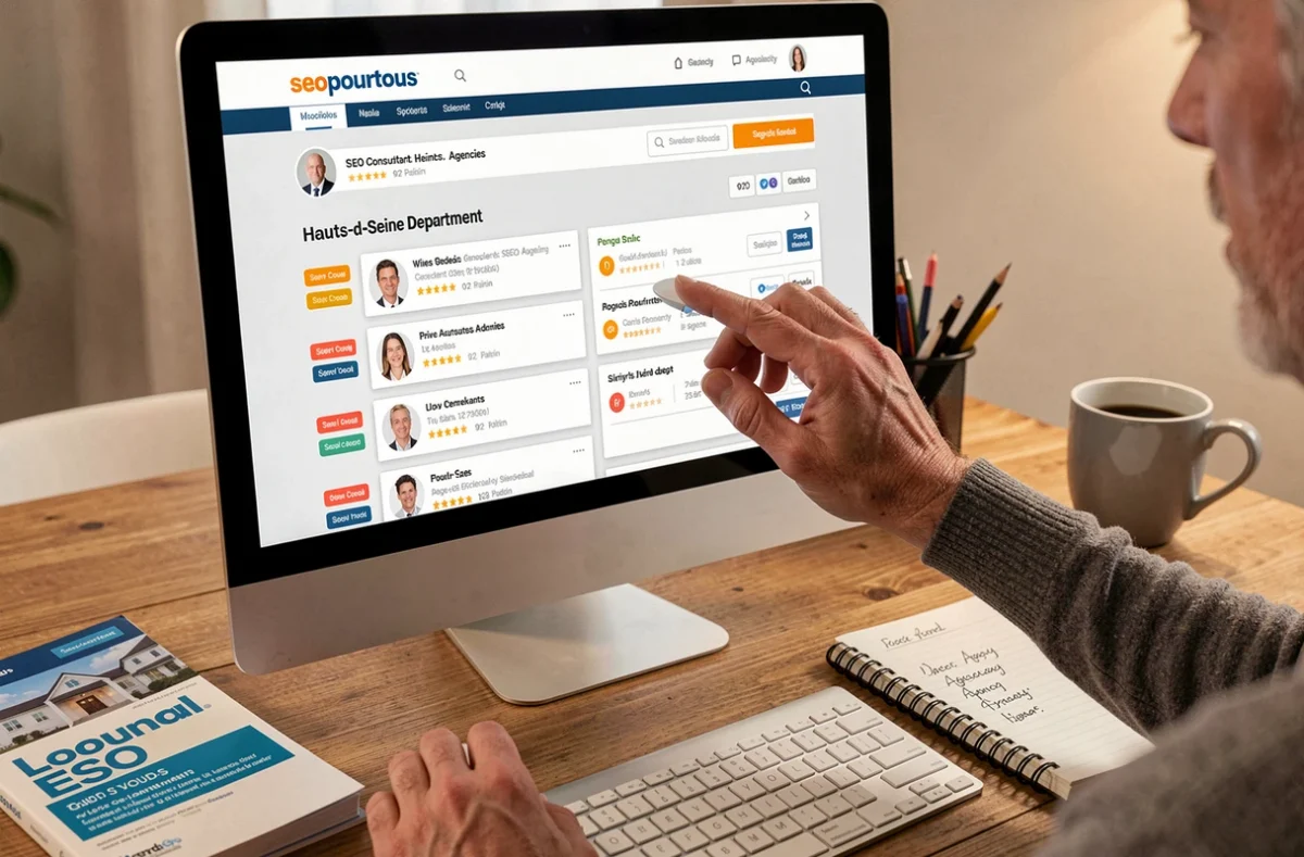Un professionnel consultant l'annuaire Seopourtous sur son écran pour trouver des experts en référencement dans le 92