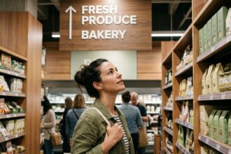 Femme lisant une signalétique directionnelle suspendue dans un supermarché moderne