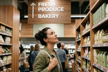 Femme lisant une signalétique directionnelle suspendue dans un supermarché moderne