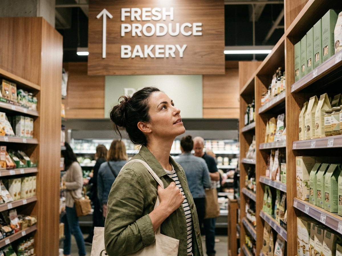 Femme lisant une signalétique directionnelle suspendue dans un supermarché moderne