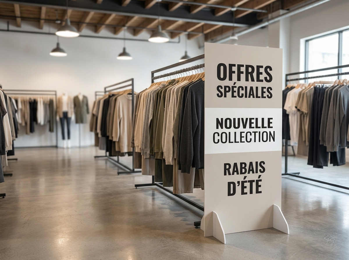 Présentoir avec signalétique promotionnelle en boutique de mode
