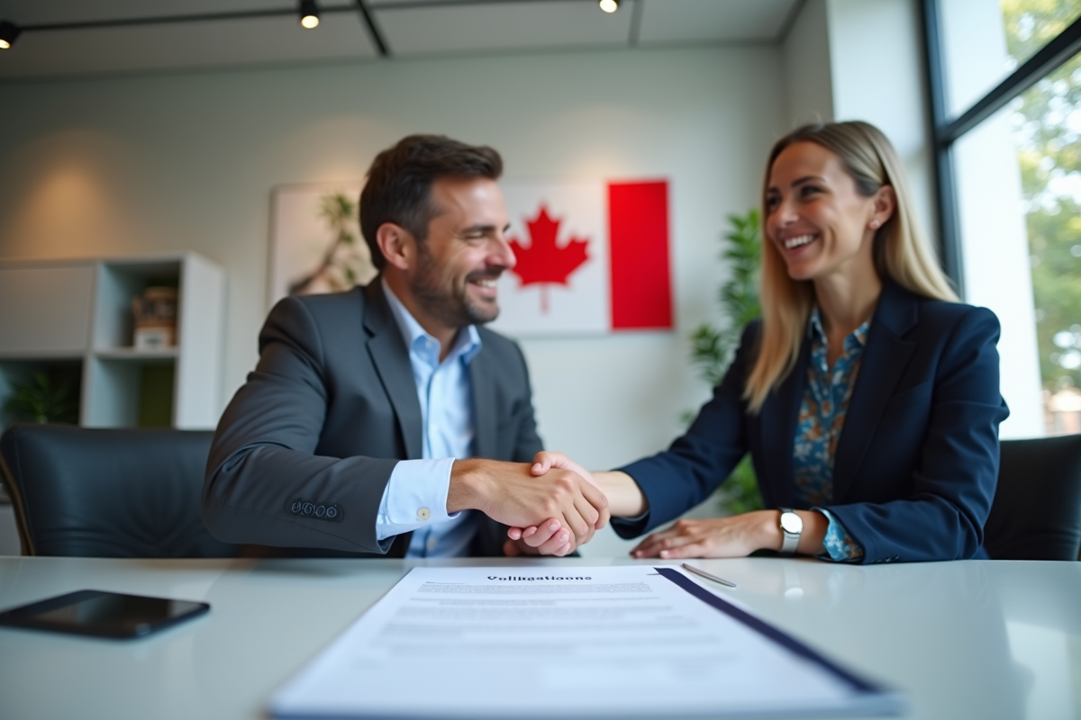 Employeur et employe souriants signant un contrat au Quebec