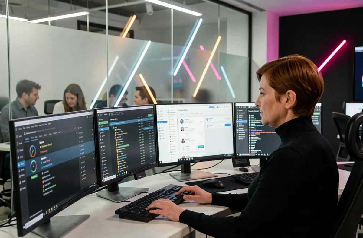 Spécialiste SEO de l'agence SlashR analysant des profils de backlinks sur plusieurs écrans dans un bureau au style tech moderne
