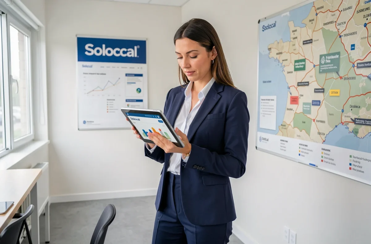 Consultante digitale de Solocal analysant les performances en ligne de commerces locaux dans un bureau moderne