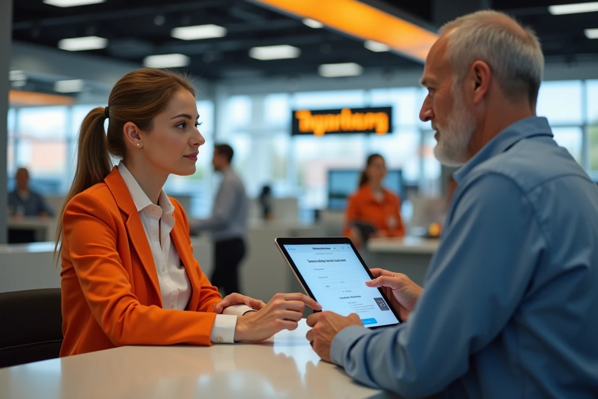 Employée Orange aidant un client à résoudre un problème d'accès à l'espace client en boutique