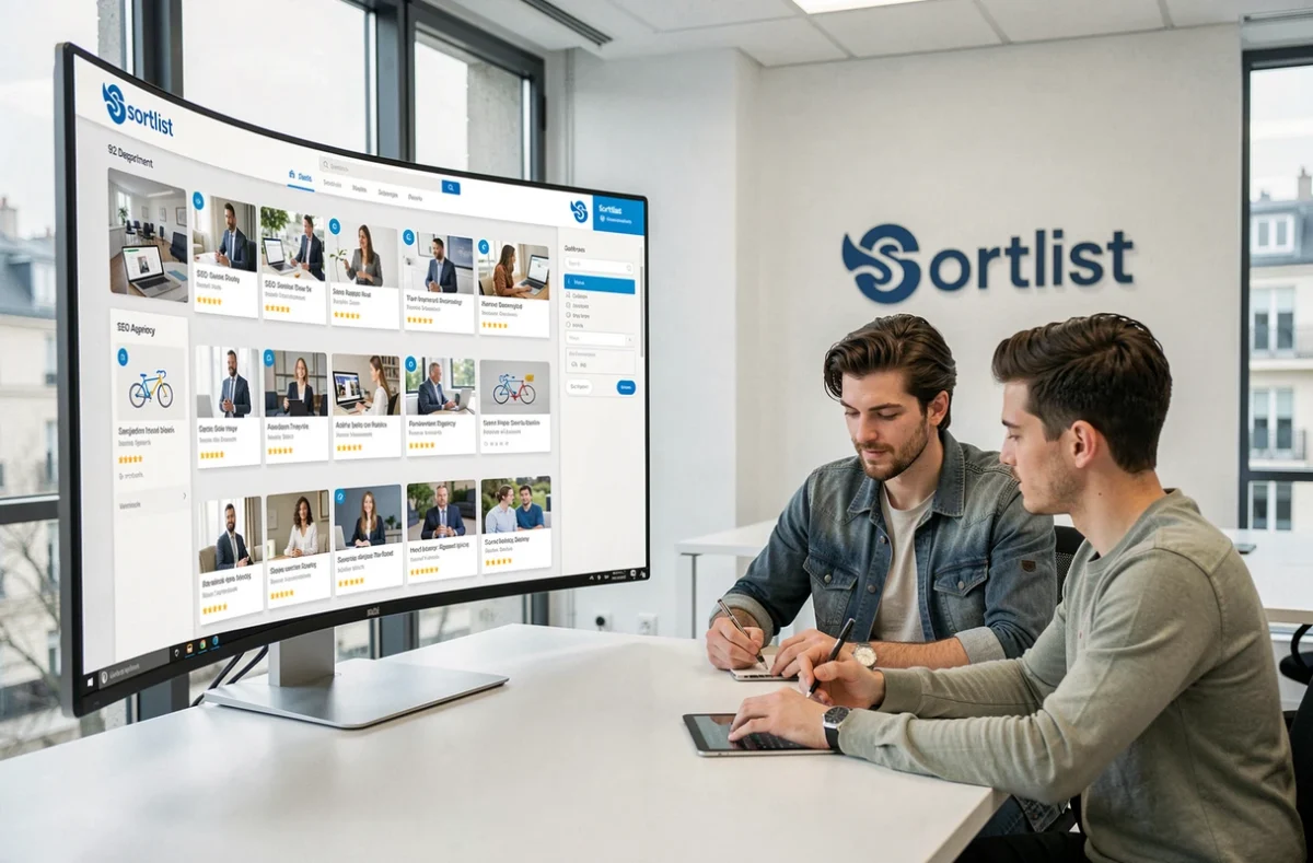 Deux professionnels utilisant la plateforme Sortlist pour trouver une agence SEO dans le 92 depuis un bureau moderne