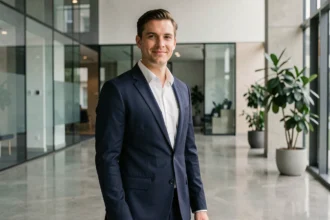 Homme d'affaires grand et élégant en costume marine dans un hall d'entreprise moderne, illustrant l'image publique et la stature d'un dirigeant tech
