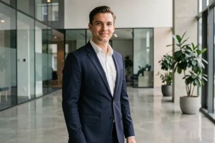 Homme d'affaires grand et élégant en costume marine dans un hall d'entreprise moderne, illustrant l'image publique et la stature d'un dirigeant tech