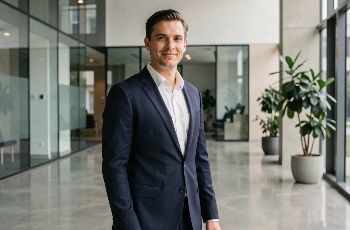Homme d'affaires grand et élégant en costume marine dans un hall d'entreprise moderne, illustrant l'image publique et la stature d'un dirigeant tech