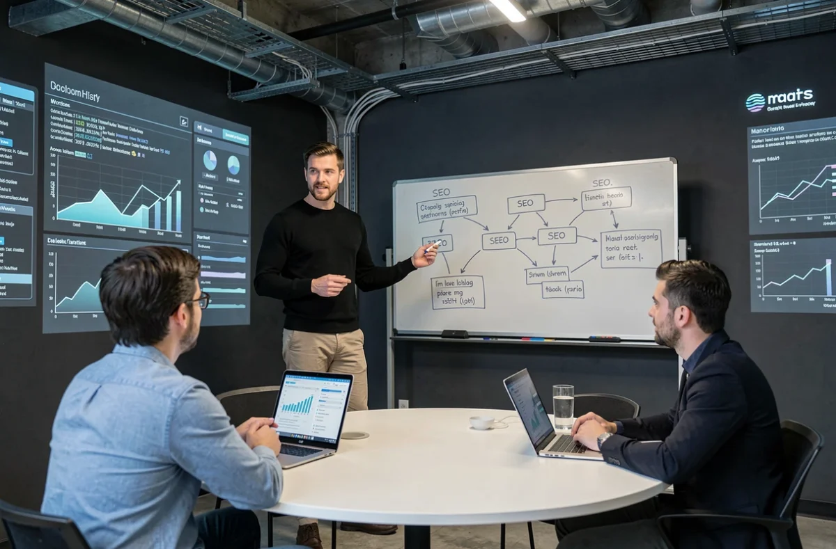 Équipe de l'agence Strange Engine en pleine session de stratégie SEO devant un tableau blanc dans un bureau au style industriel