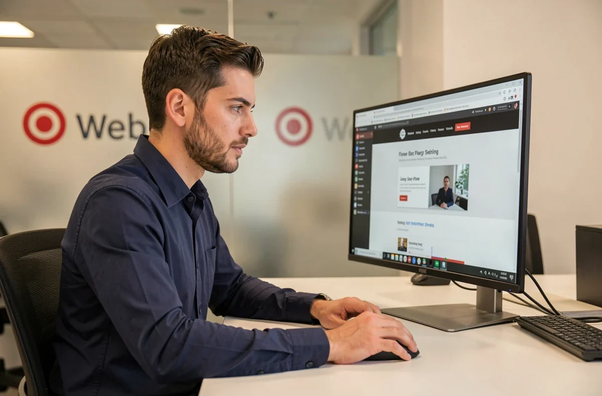 Développeur web de l'agence Target Web concentré sur la création d'un site internet professionnel devant son écran