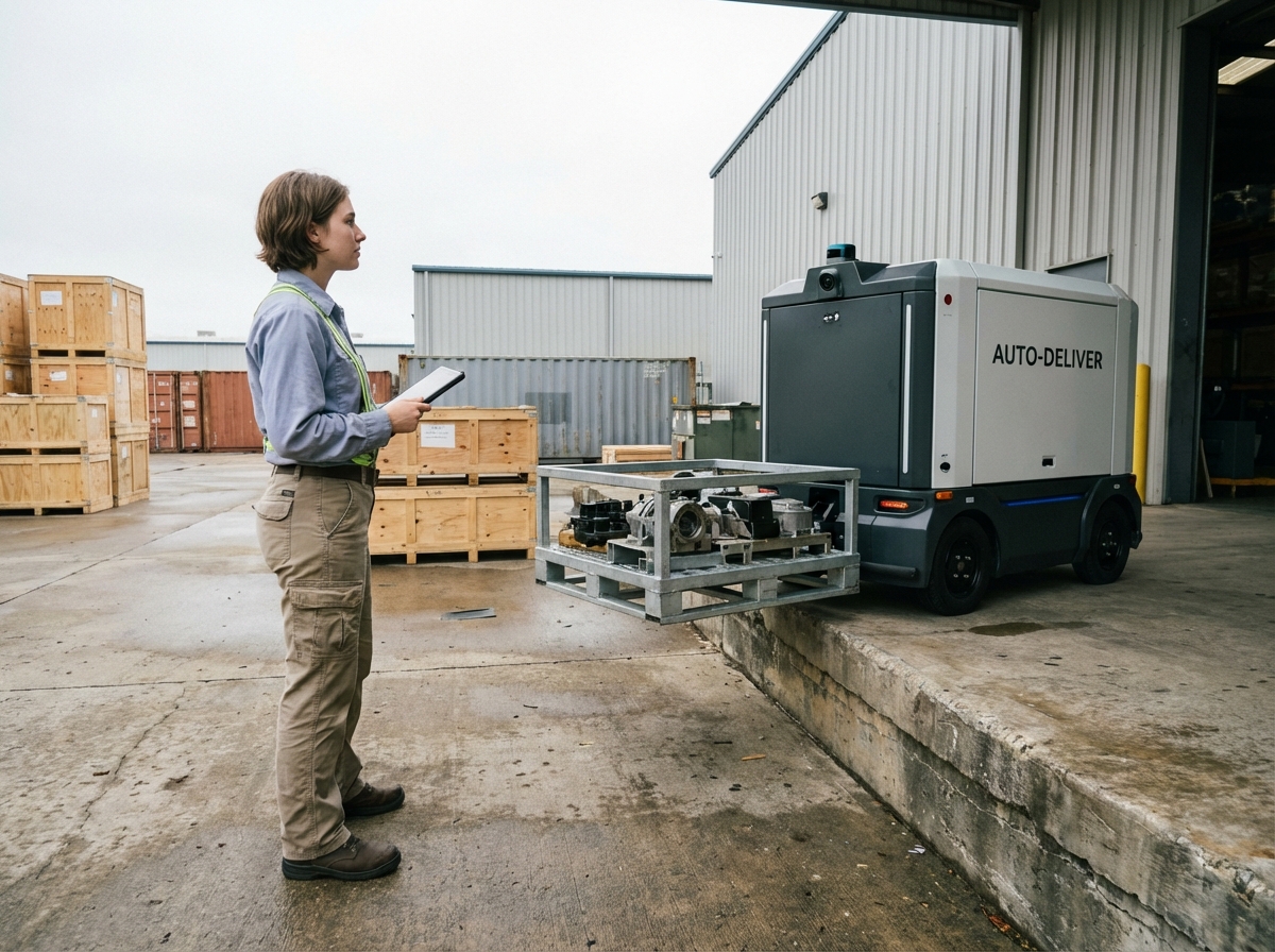 Technicienne observant un véhicule autonome de livraison