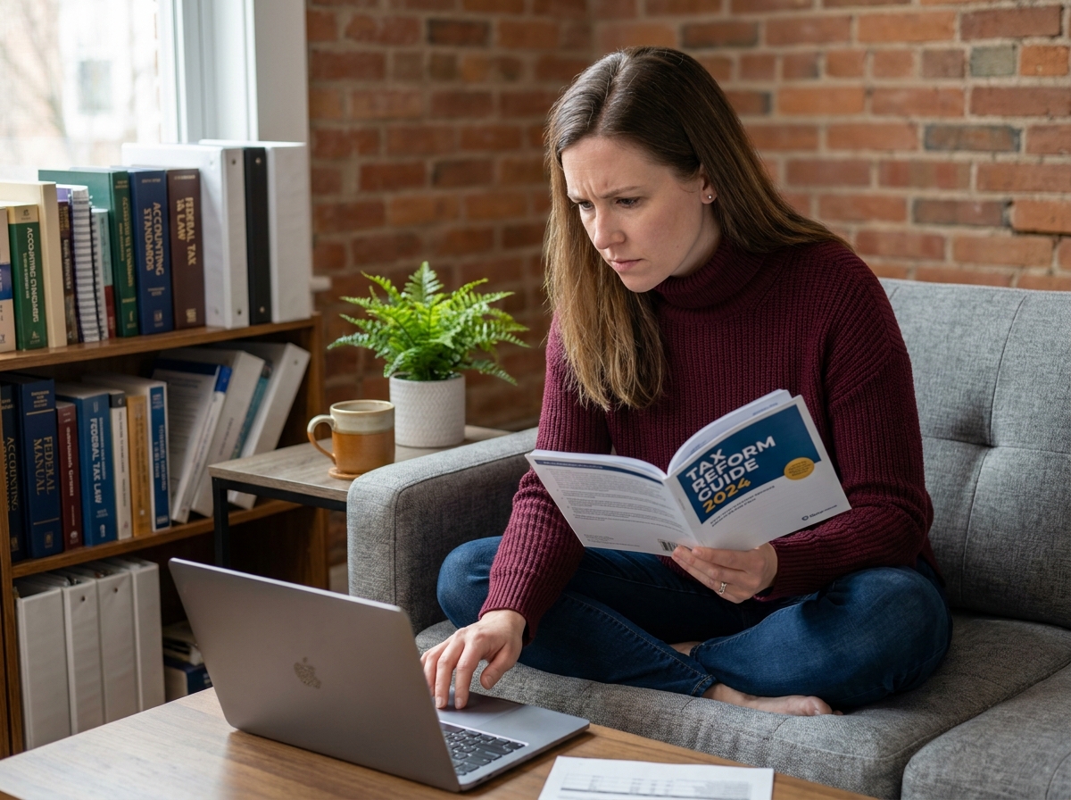 Jeune professionnelle en télétravail consultant un guide fiscal pour adapter son organisation comptable