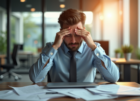 Employé fatigué au bureau avec papiers et ordinateur