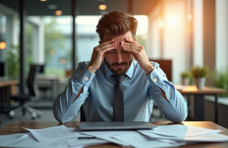 Employé fatigué au bureau avec papiers et ordinateur