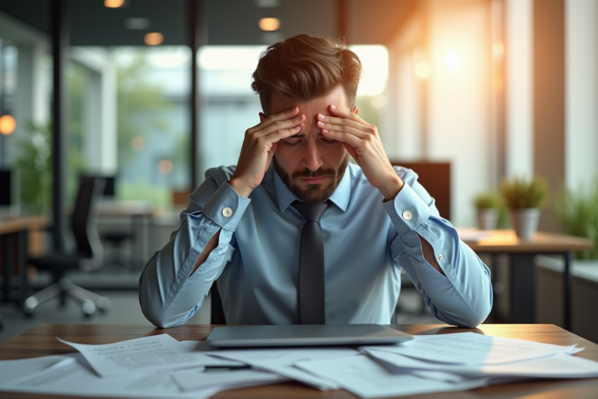 Employé fatigué au bureau avec papiers et ordinateur