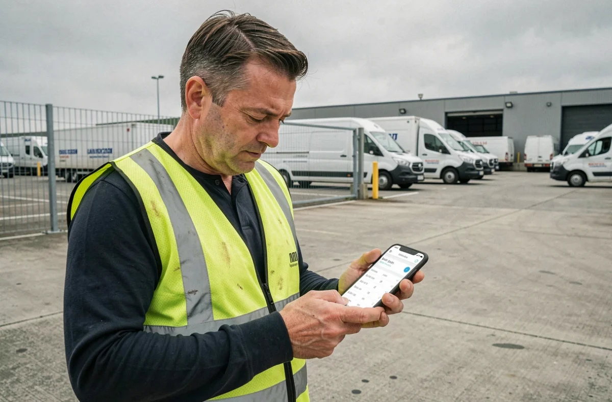 Travailleur en gilet de sécurité consultant son planning de service Urbanweb sur smartphone dans un dépôt de véhicules