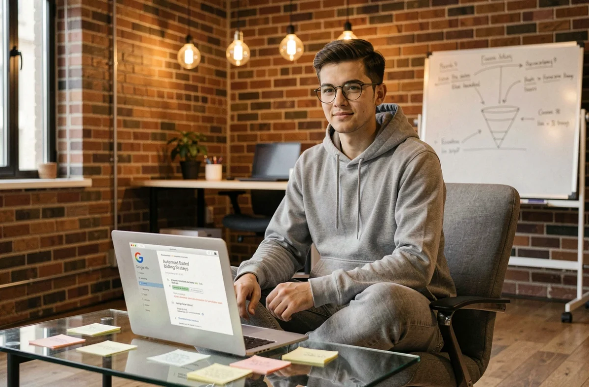 Expert Google Ads de l'agence Uplix travaillant sur des scripts d'enchères automatisées dans un espace de travail moderne