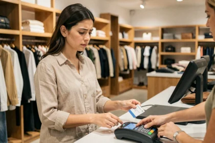 Femme utilisant une carte Shopping Pass pour la première fois à la caisse d'un magasin