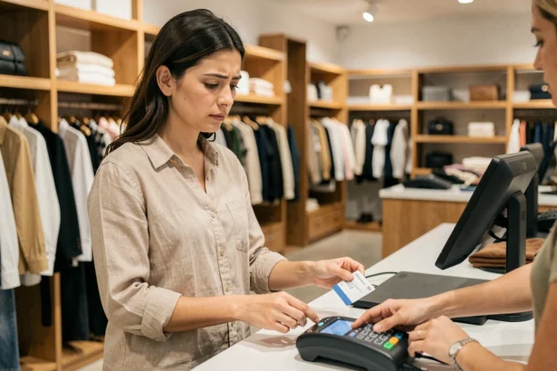 Femme utilisant une carte Shopping Pass pour la première fois à la caisse d'un magasin
