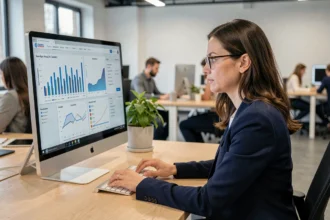 Analyste en veille concurrentielle examinant des données d'entreprises sur un écran dans un bureau moderne