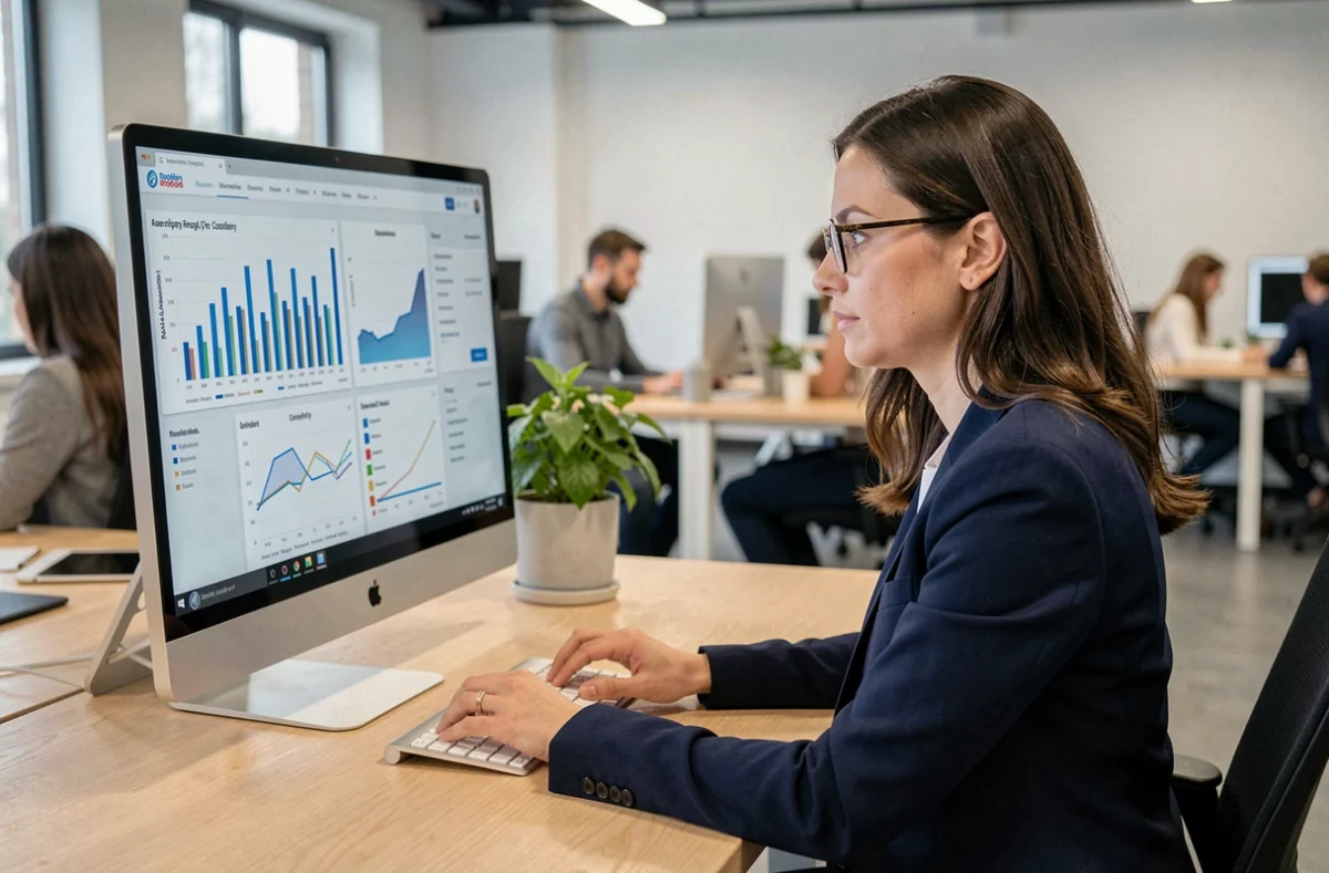 Analyste en veille concurrentielle examinant des données d'entreprises sur un écran dans un bureau moderne