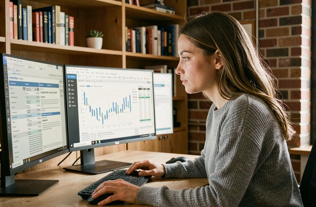 Professionnelle en télétravail utilisant un outil de veille concurrentielle sur double écran dans un bureau à domicile