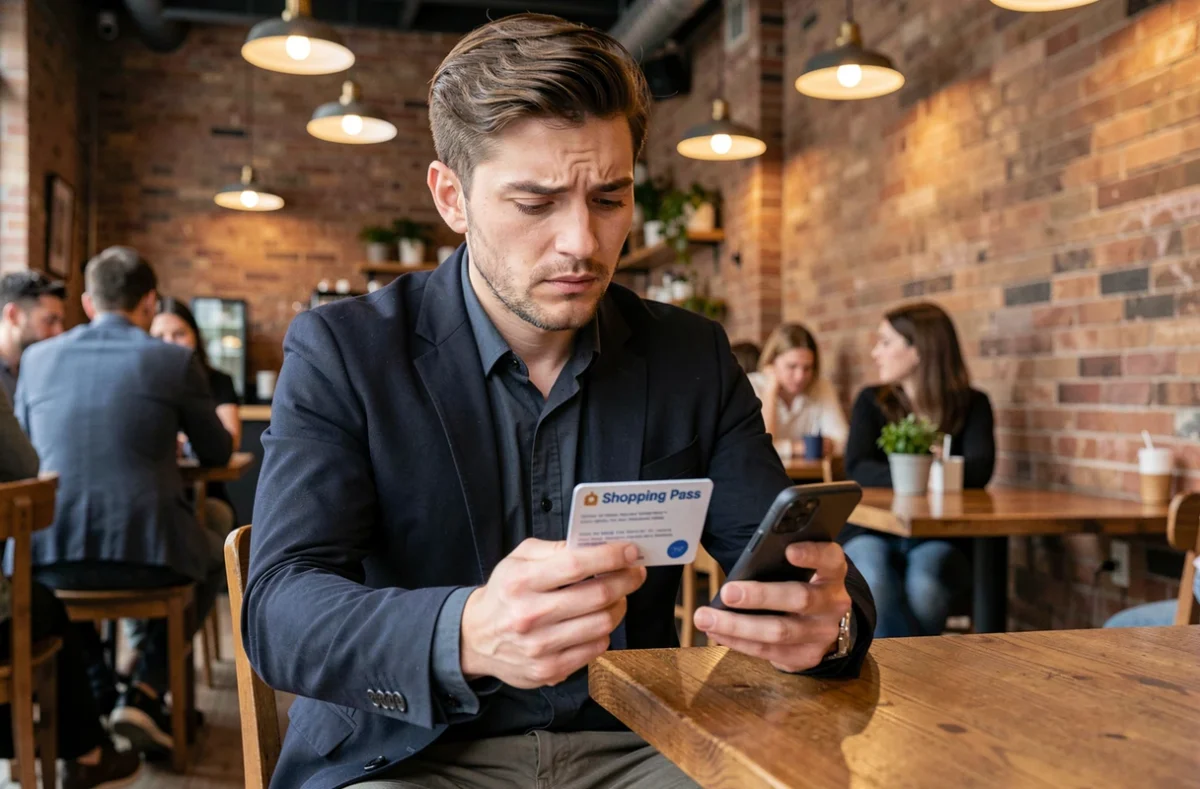 Homme analysant les conditions d'utilisation de son Shopping Pass sur smartphone avant ses achats