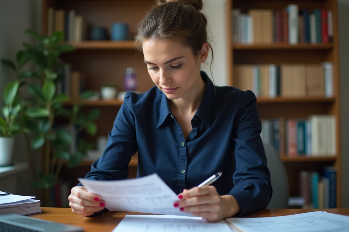 Femme vérifiant sa fiche de paie au bureau à domicile, calculant son salaire minimum et ses heures travaillées