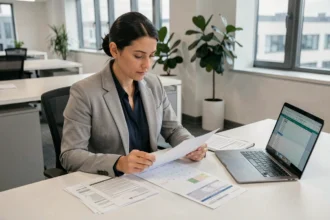 Femme professionnelle vérifiant son bulletin de paie et un calendrier de jours travaillés en 2026 dans un bureau moderne