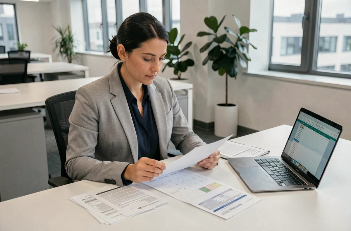 Femme professionnelle vérifiant son bulletin de paie et un calendrier de jours travaillés en 2026 dans un bureau moderne