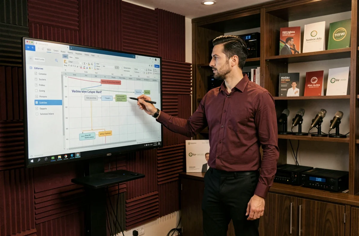 Expert en référencement de l'agence Vox Mediae supervisant un calendrier de contenu SEO dans un studio alliant media et digital