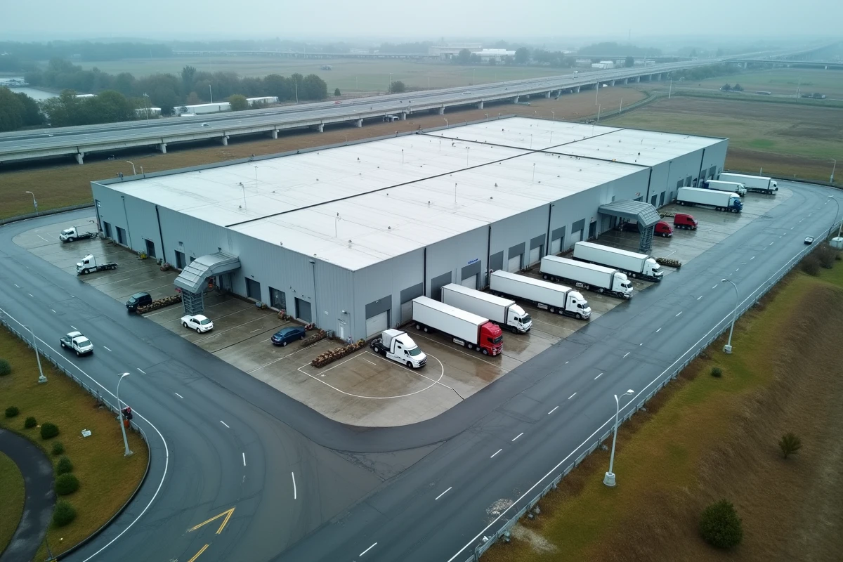 Vue aérienne d'un hub de distribution central avec des camions de livraison aux quais de chargement et un réseau routier rayonnant