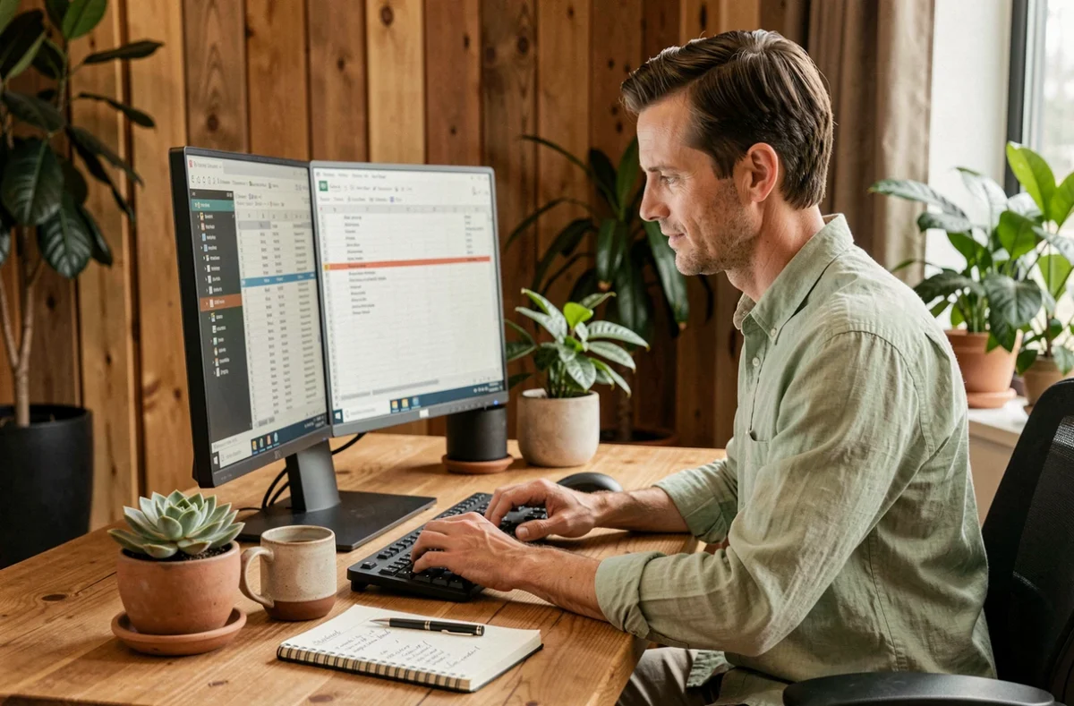 Consultant SEO de l'agence Wapiti travaillant sur un audit de référencement dans un bureau au décor naturel et organique