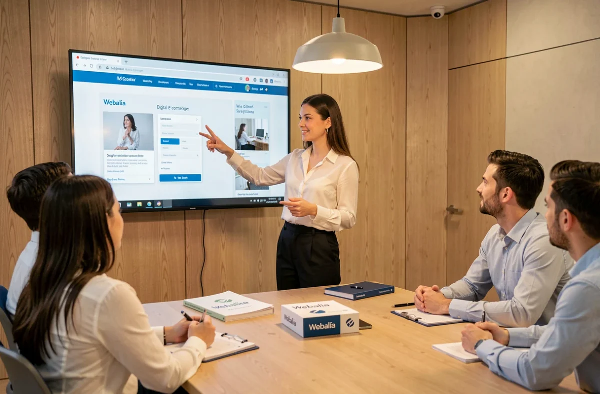 Stratège digitale de Webalia présentant un prototype de site e-commerce à des clients dans une salle de réunion moderne