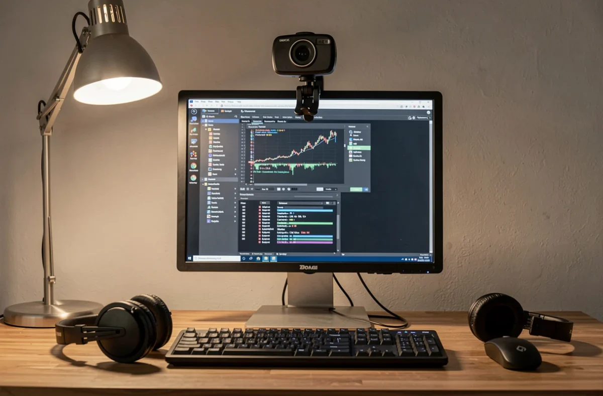 Webcam sur écran et casque posés sur un bureau bien éclairé
