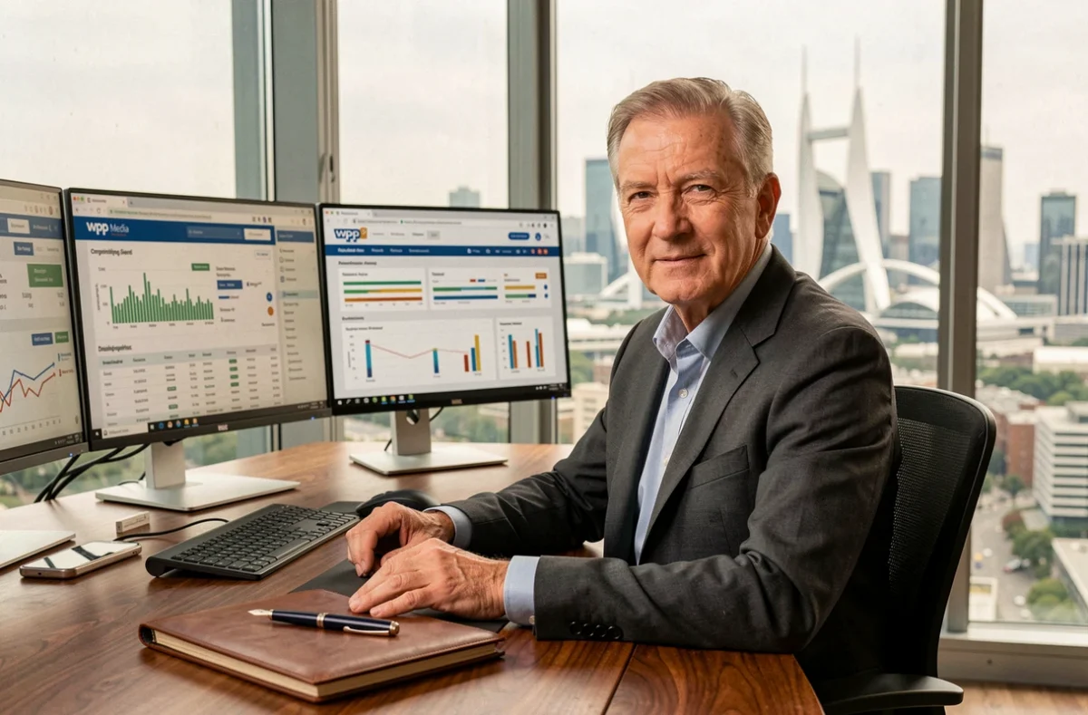 Consultant SEO senior de WPP Media à Levallois-Perret devant un bureau exécutif avec vue sur La Défense