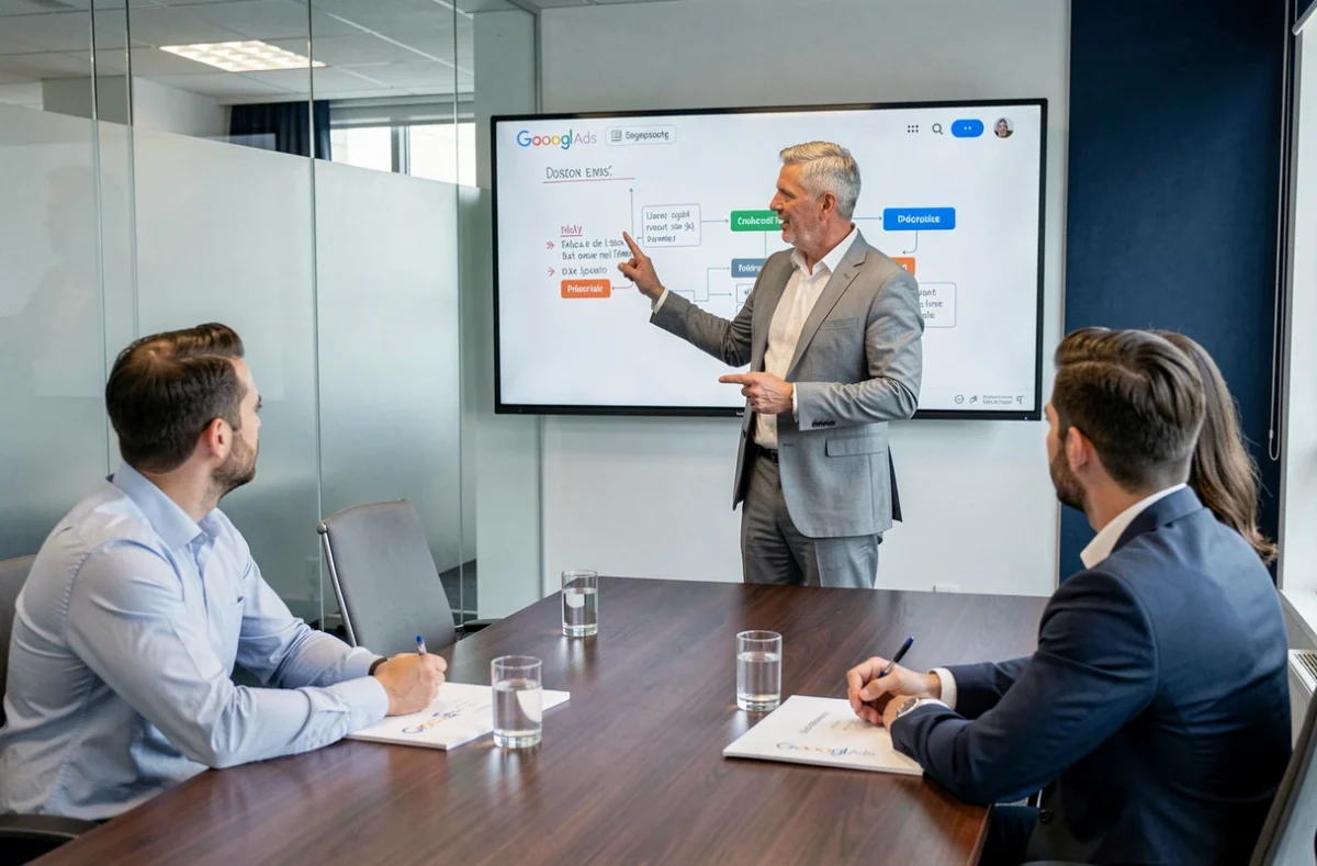 Directeur de compte de l'agence Yumens présentant une stratégie Google Ads à des clients en salle de réunion